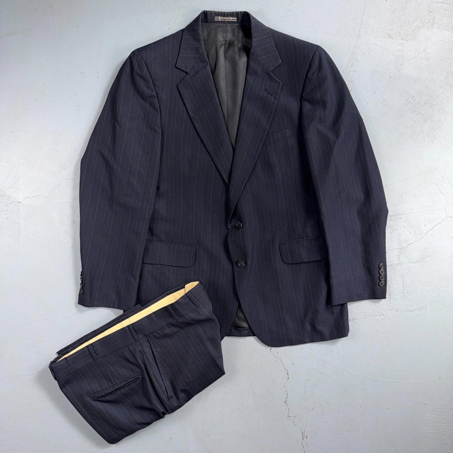 VTG Mens 2 PC Suit 42 Jacket Coat Pants Blue Striped USA Golden Lancer 80s Wool