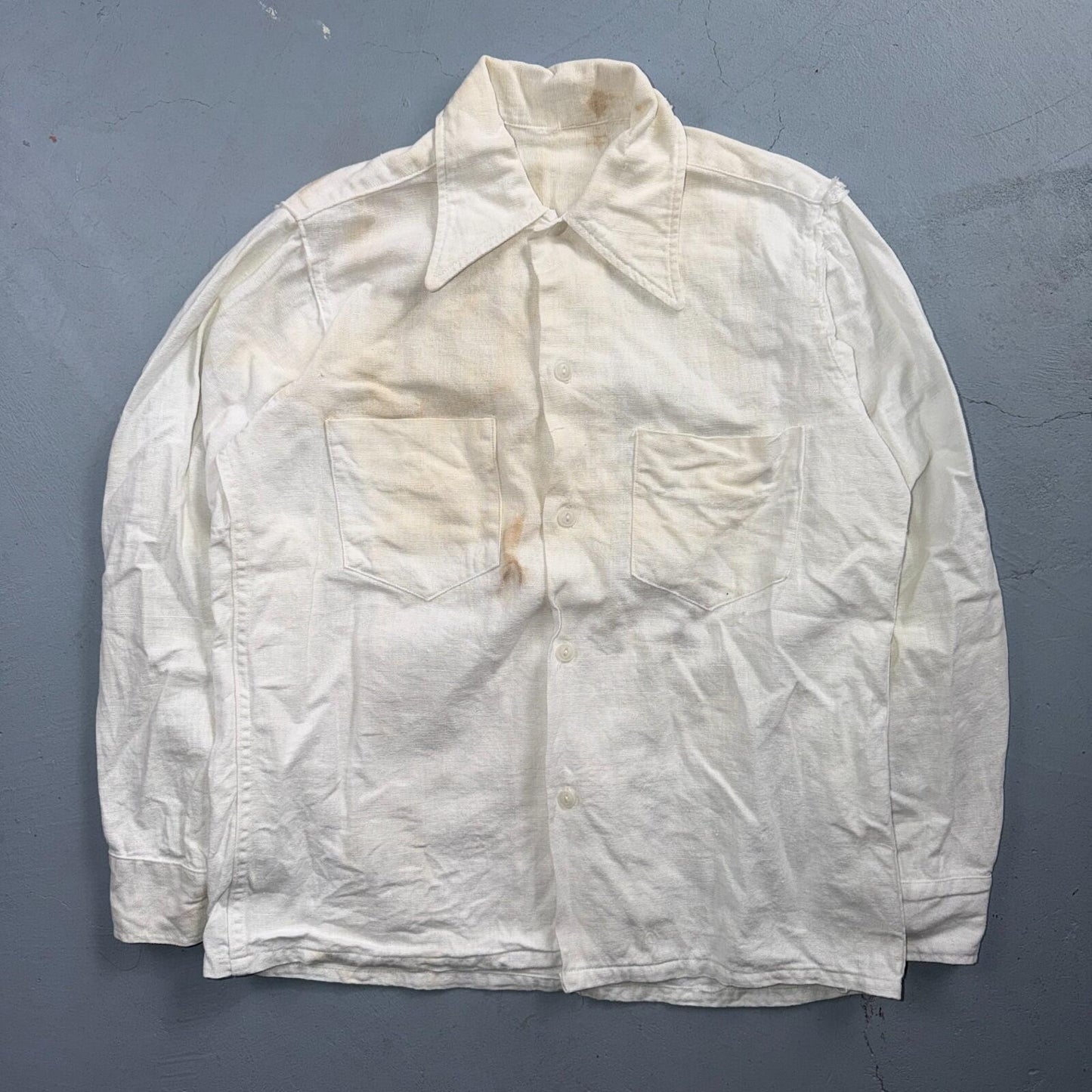 VTG 1940s Sportswear Button Shirt Rockabilly Stained White Linen? Cotton 40s