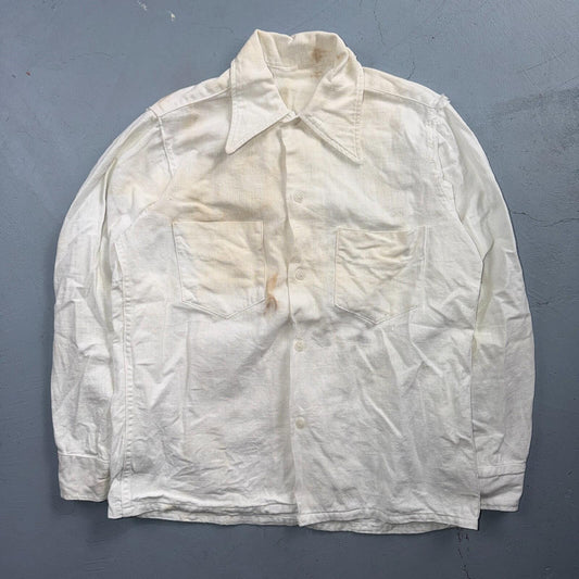 VTG 1940s Sportswear Button Shirt Rockabilly Stained White Linen? Cotton 40s