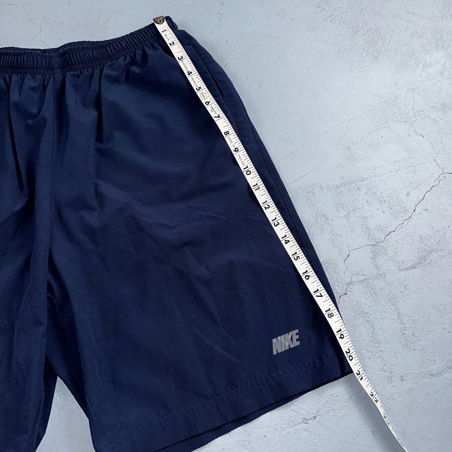 Nike Vintage Blue Nylon Shorts Swoosh Y2K Silver Tag 9” Inseam Running Gym