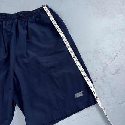 Nike Vintage Blue Nylon Shorts Swoosh Y2K Silver Tag 9” Inseam Running Gym