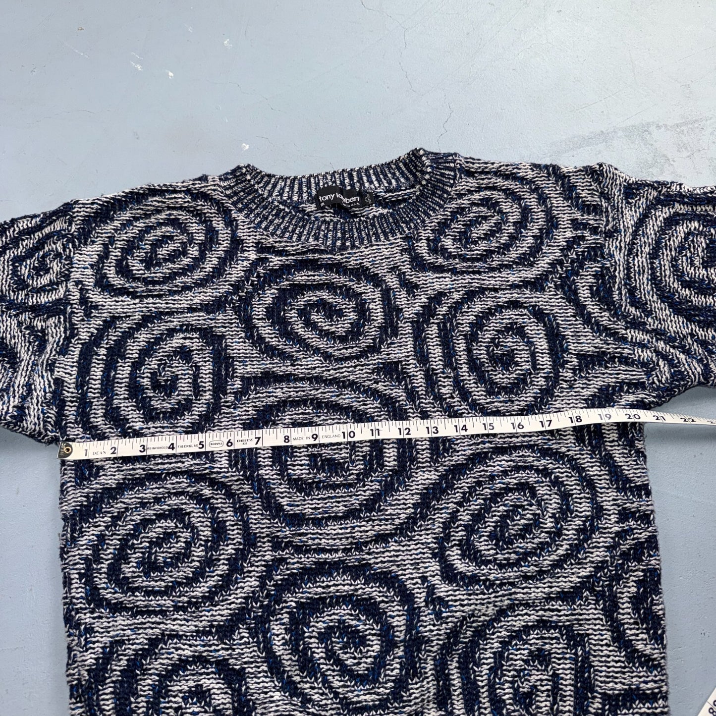 VTG RARE 90s Tony Lambert Textured Knit Sweater Blue White Abstract Made USA M