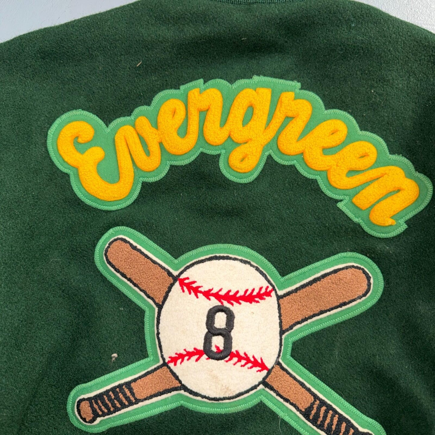 Varsity Jacket 44 VTG Green Bomber Wool Leather Evergreen Plainsmen Chainstitch