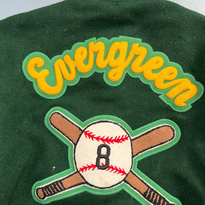 Varsity Jacket 44 VTG Green Bomber Wool Leather Evergreen Plainsmen Chainstitch
