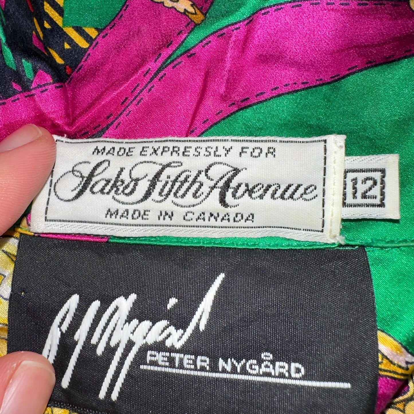 Peter Nygard Shirt Womens 12 Gold Green Silk Abstract VTG 80s Saks Fifth Avenue