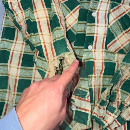 VTG 60s Penneys Towncraft Button Green Cotton Shirt Plaid Rockabilly Distressed