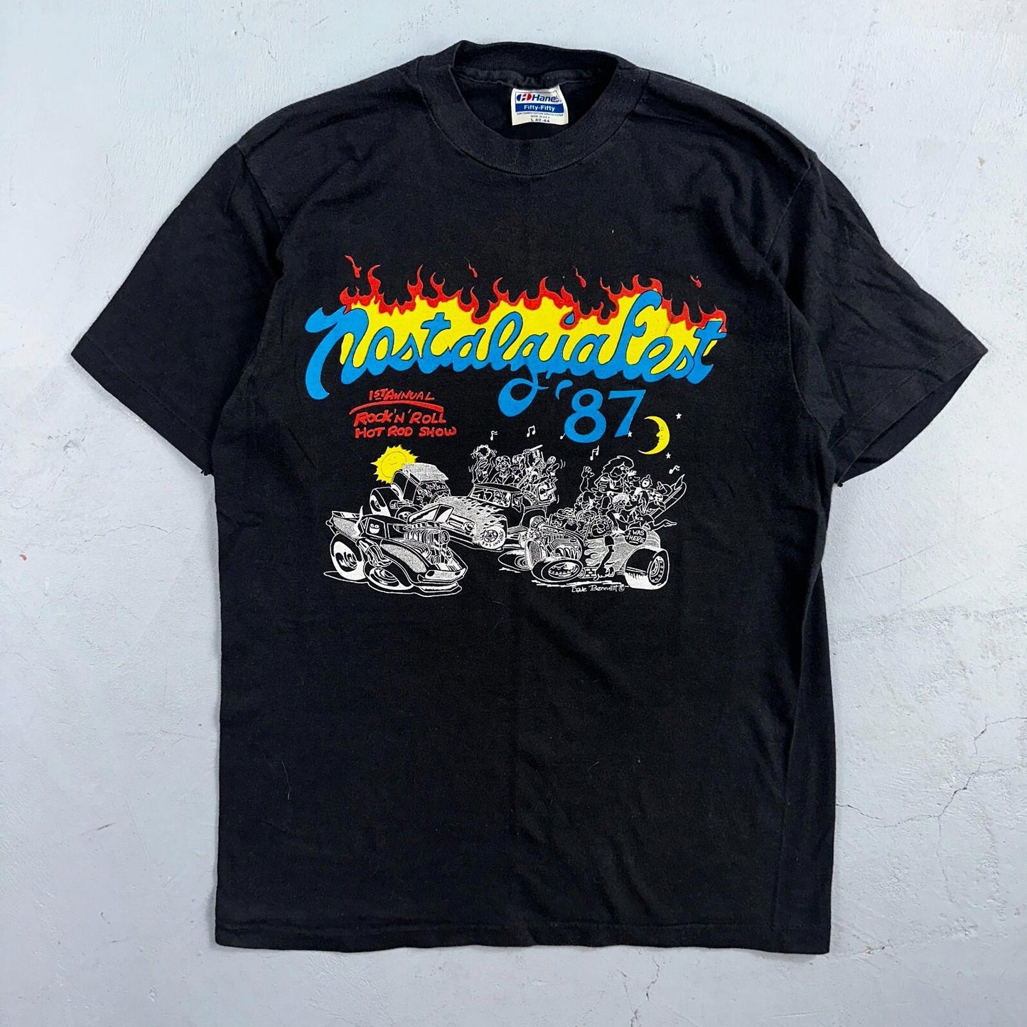 Rock N Roll Flames 80s Hanes VTG T Shirt Nostalgia Fest Hot Rod Cars 1982 Art L