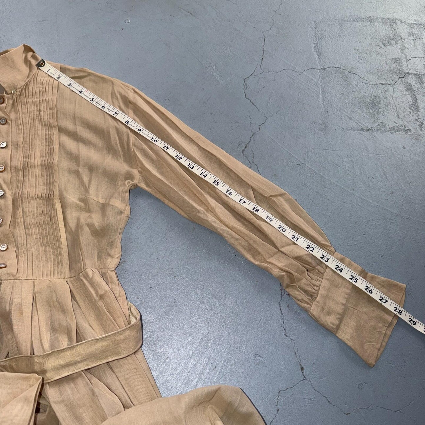 Vintage 1970s Shirtwaist Dress Beige Pleated Skirt Long Sleeve Belted Cute 70s
