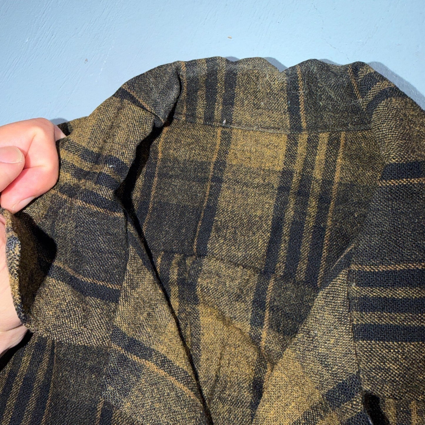 VTG 50s Brown Mustard Plaid Loop Collar Camp Shirt Rockabilly Atomic Shadow Wool