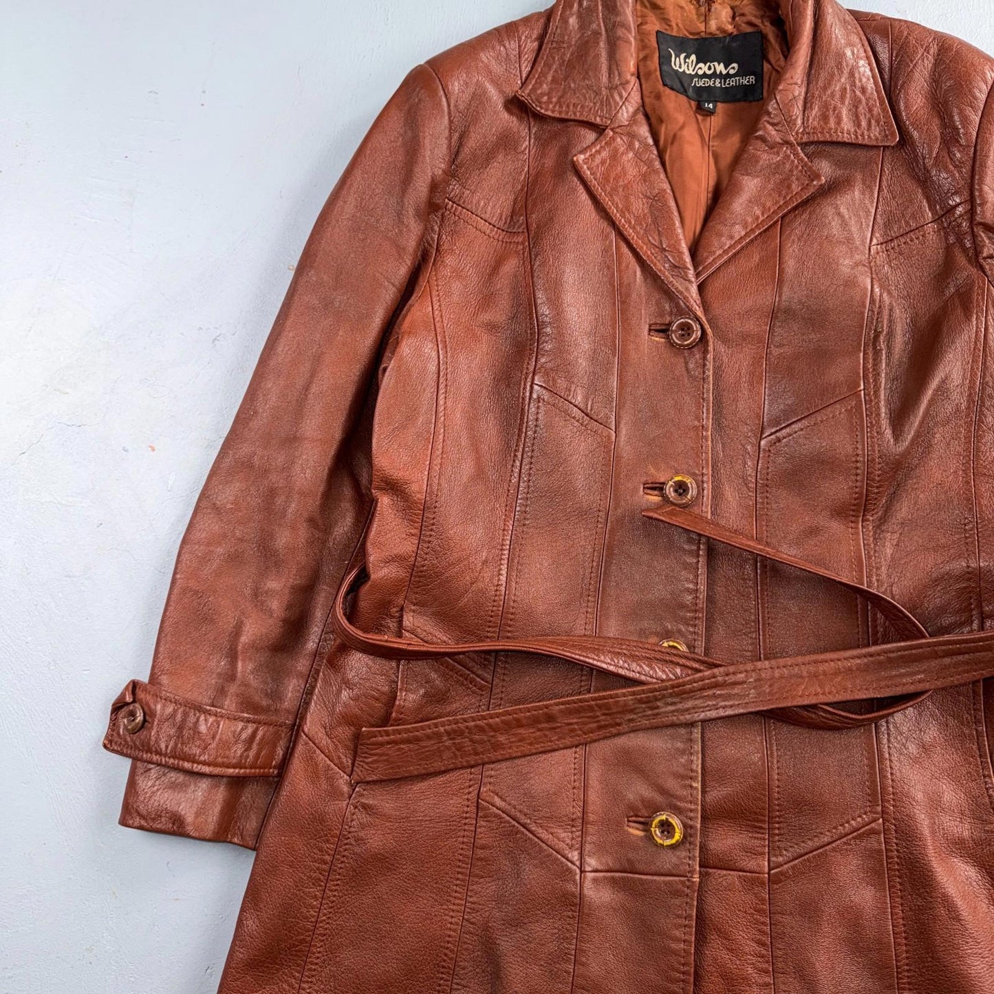 VTG Wilsons Women's Brown 100% Leather Jacket Trench Car Coat Belted 80s 90s