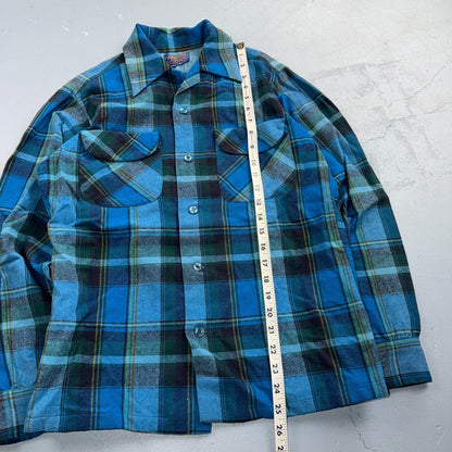 VTG 70s Pendleton Blue Plaid Pure Virgin Wool Board Shirt USA Camp Rockabilly