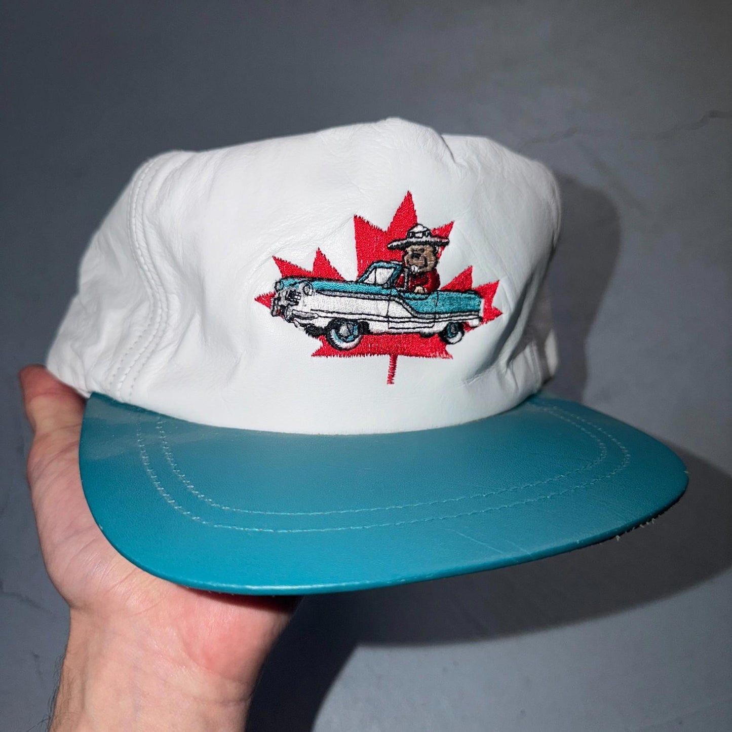 Canada Leather VTG Hat Baseball Cap Snapback Buck Cadillac Flag Rare Cartoon 80s