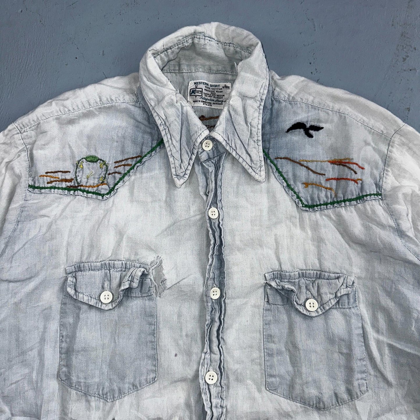 Vintage 70s Kmart Chambray Western Men’s Shirt Size L Embroidery Thrashed Rare