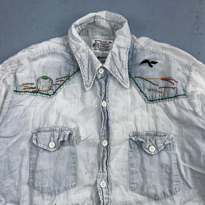 Vintage 70s Kmart Chambray Western Men’s Shirt Size L Embroidery Thrashed Rare