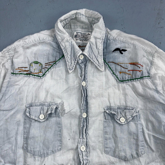 Vintage 70s Kmart Chambray Western Men’s Shirt Size L Embroidery Thrashed Rare