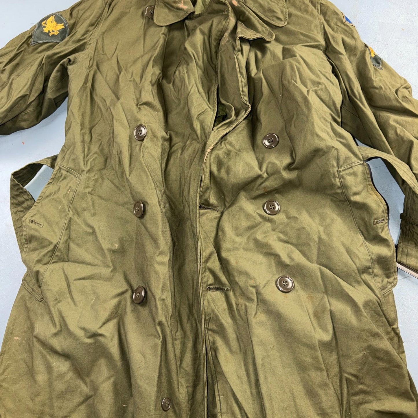 1950s Korean War US Military Wool Lined Overcoat Belted Trench Coat Small VTG