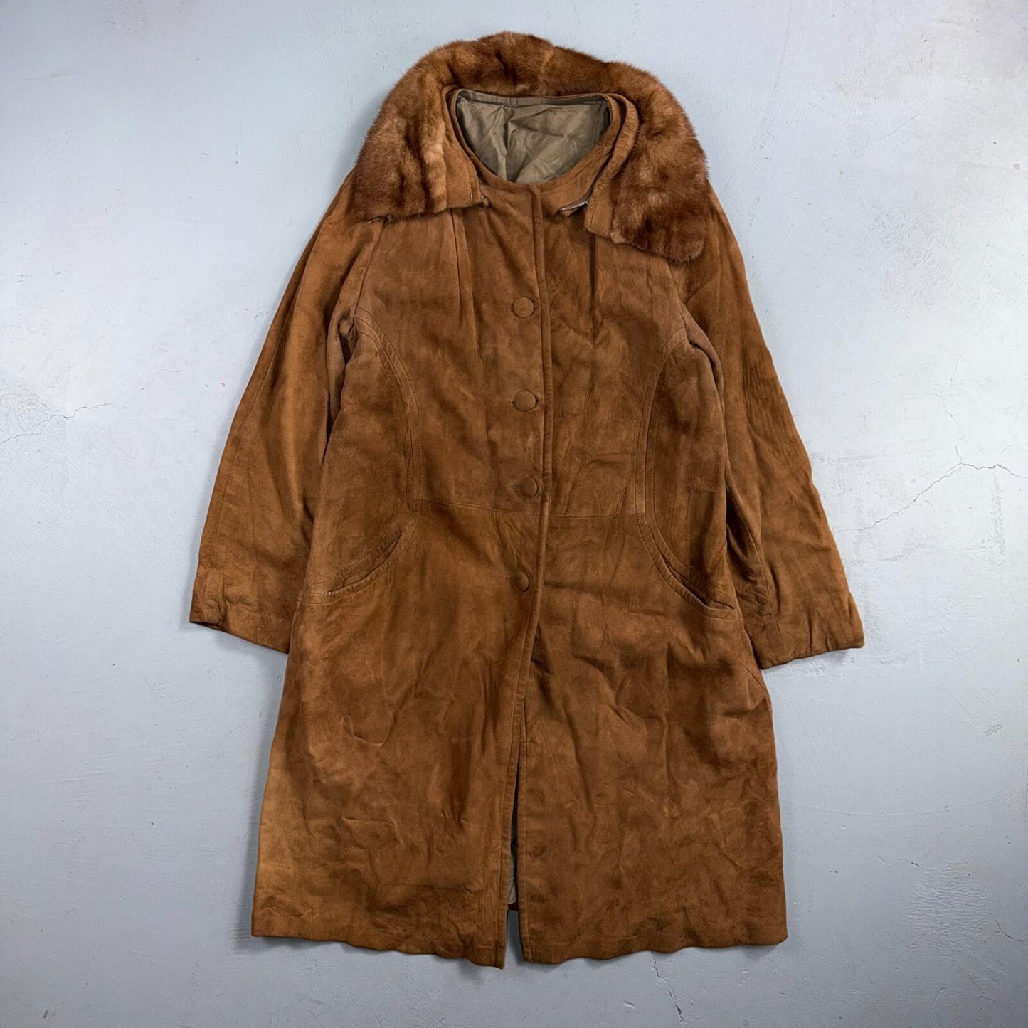 VTG 50s 60s Genuine Suede Leather Fur Collar Womens Penny Lane Coat Rockabilly