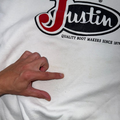 VTG Justin Boots Logo Promo Sweatshirt White Western Cowboy USA XL 1980s 80s