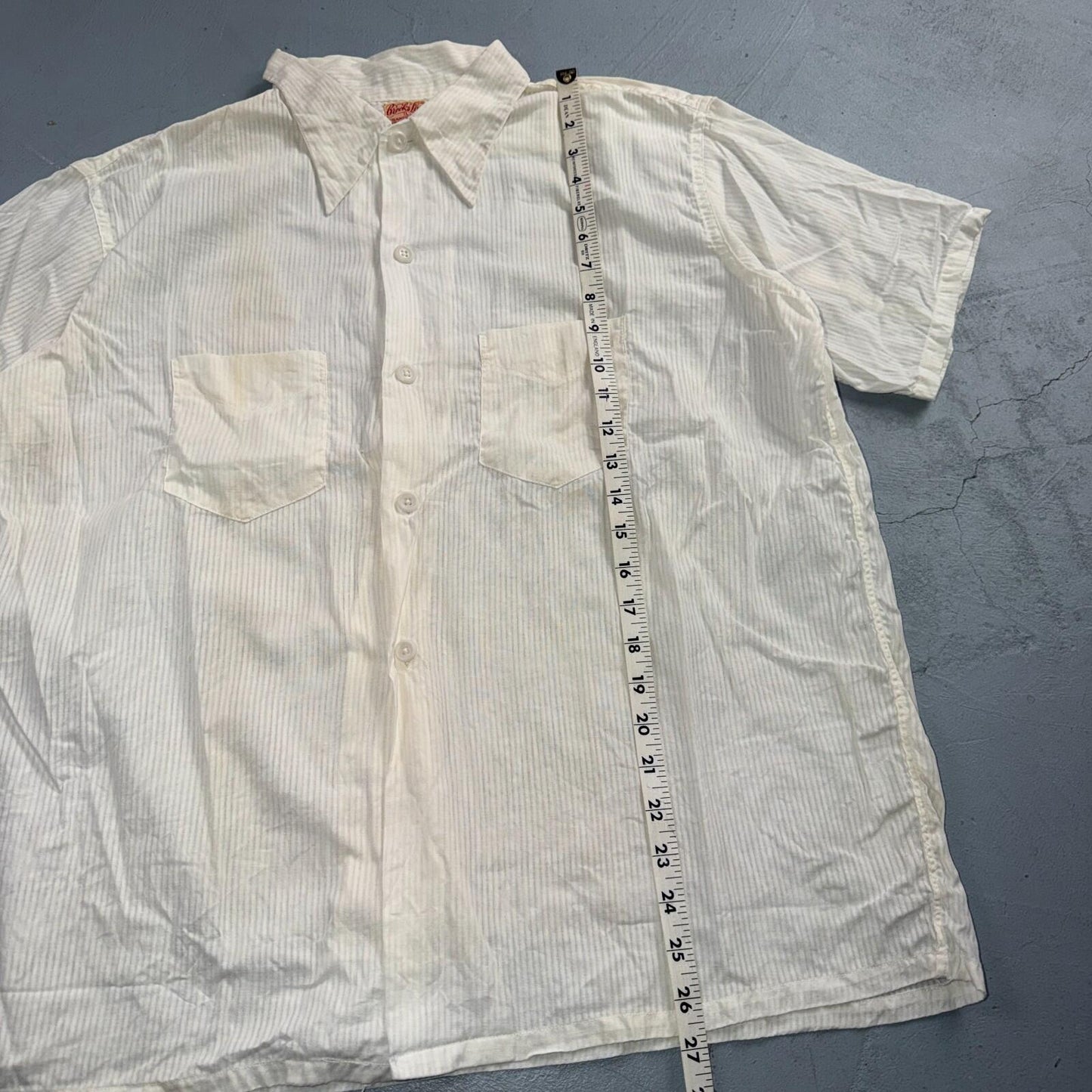 VTG 1940s Brooks Lane Button Shirt Rockabilly Stained White Striped Cotton 40s