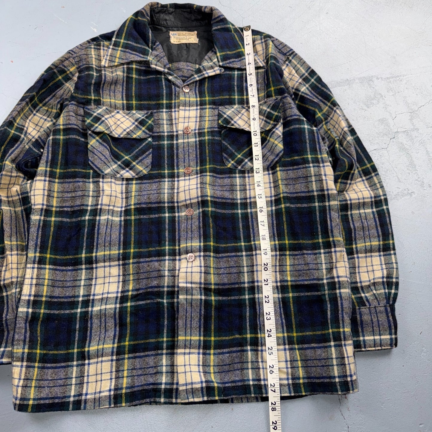 VTG 70s Penneys Towncraft Loop Collar Wool Plaid Shirt Camp Board Rockabilly