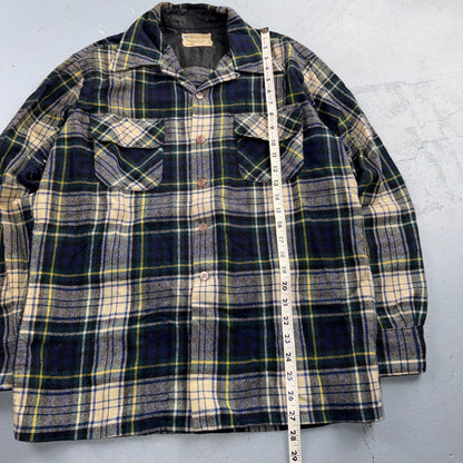 VTG 70s Penneys Towncraft Loop Collar Wool Plaid Shirt Camp Board Rockabilly