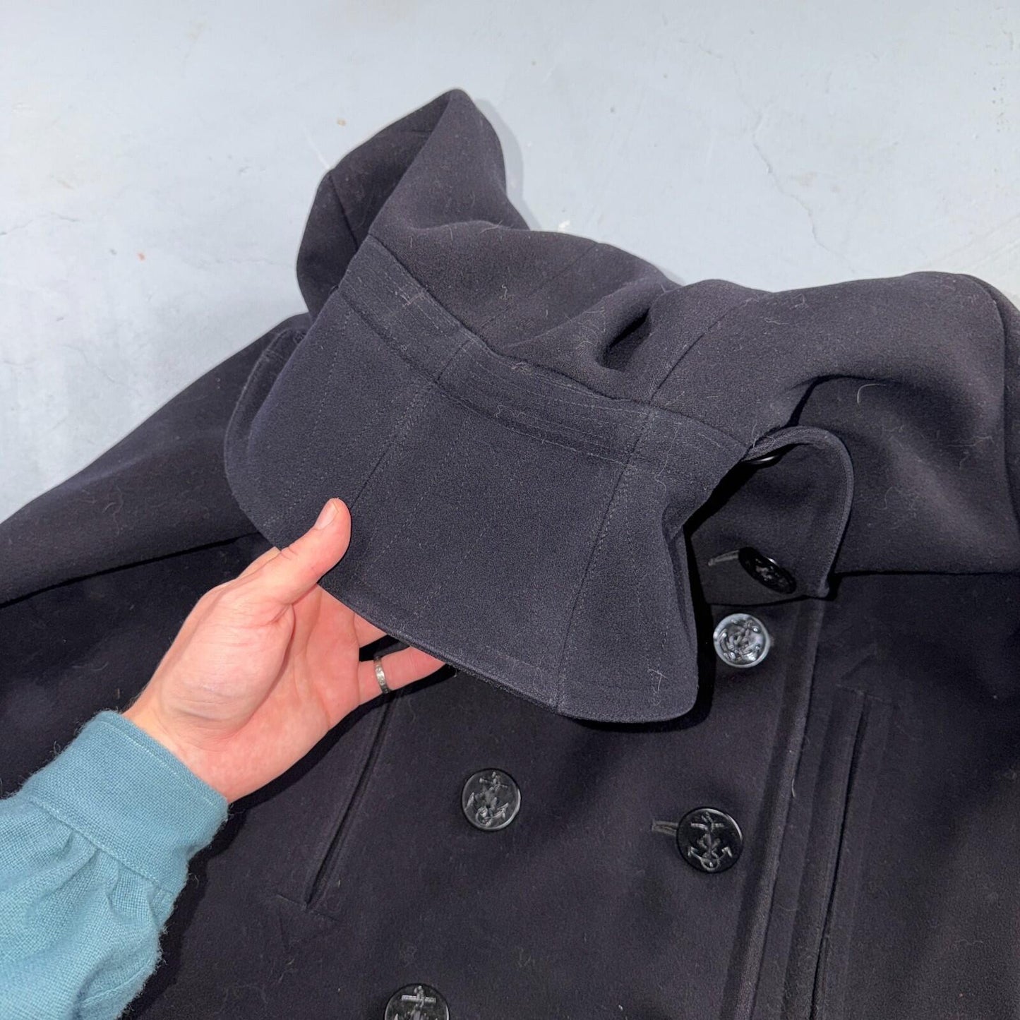 Vintage 40s WWII US Naval Clothing Factory 10 Button Navy Wool PeaCoat Military