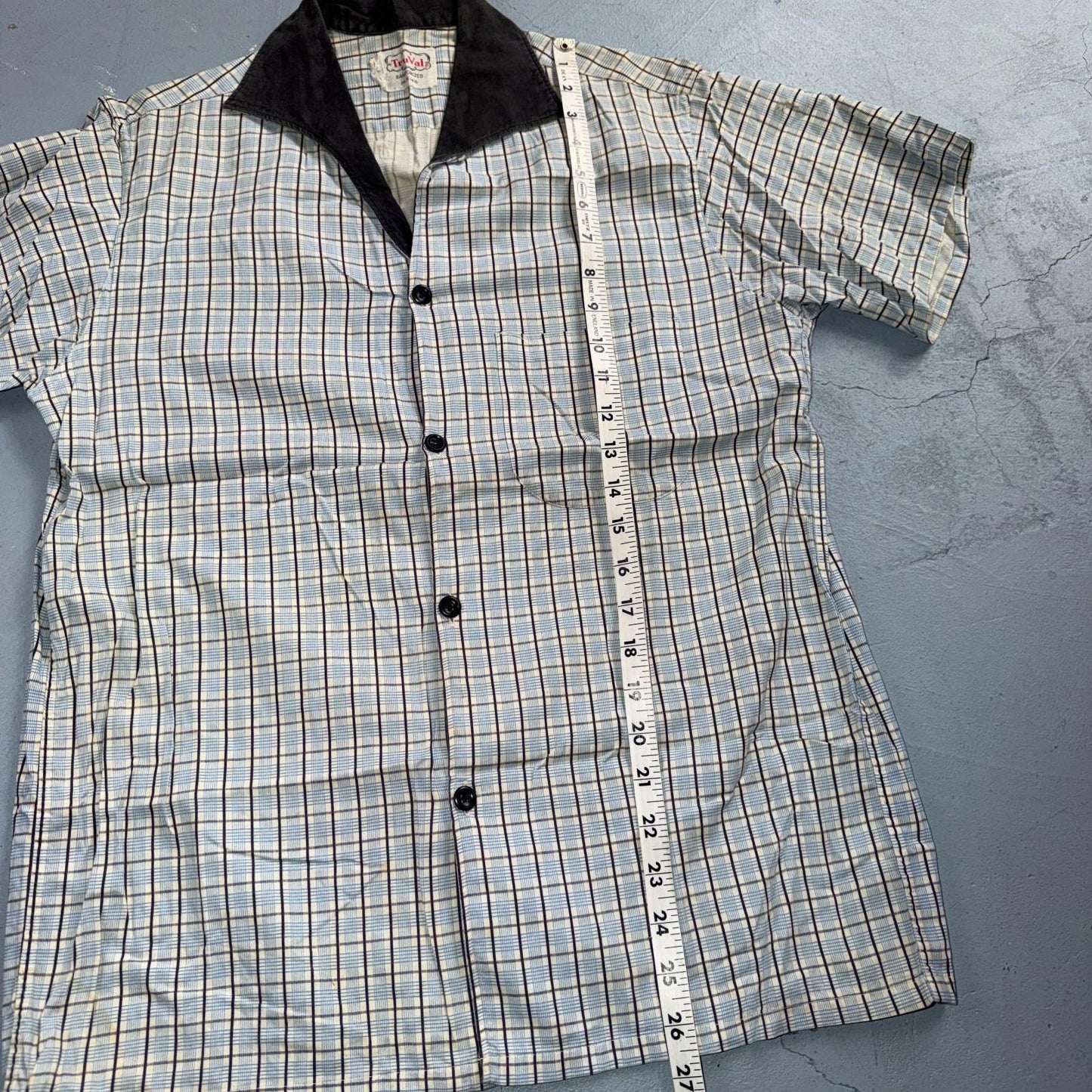 Vintage 1950s Loop Collar Truval Cotton Rockabilly Shirt Small Checkered 50s 60s