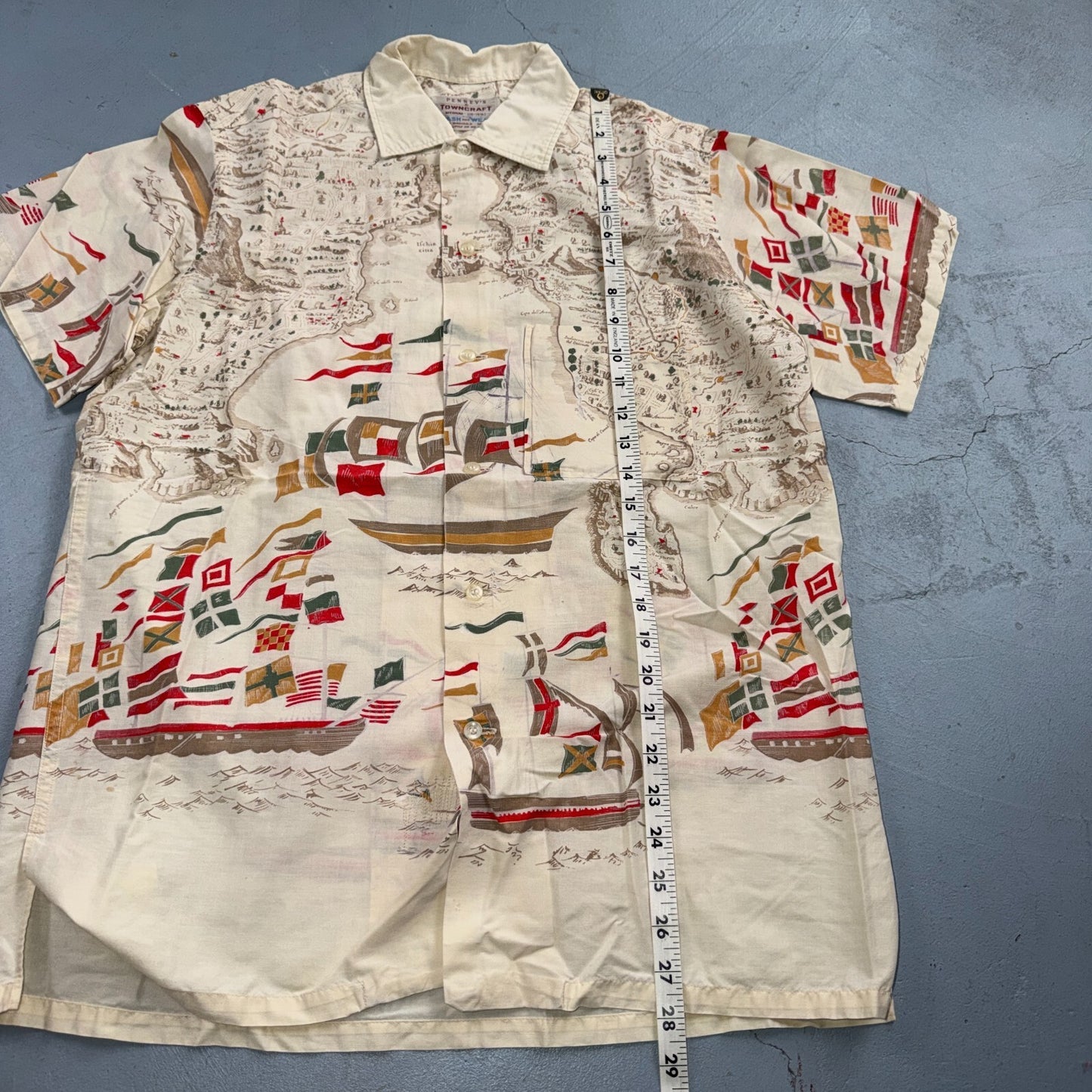 VTG 50s PENNEYS Hawaiian Flags Button Aloha Shirt Rockabilly THRASHED 1950s