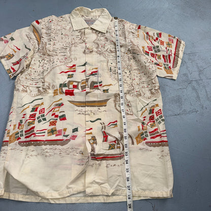 VTG 50s PENNEYS Hawaiian Flags Button Aloha Shirt Rockabilly THRASHED 1950s