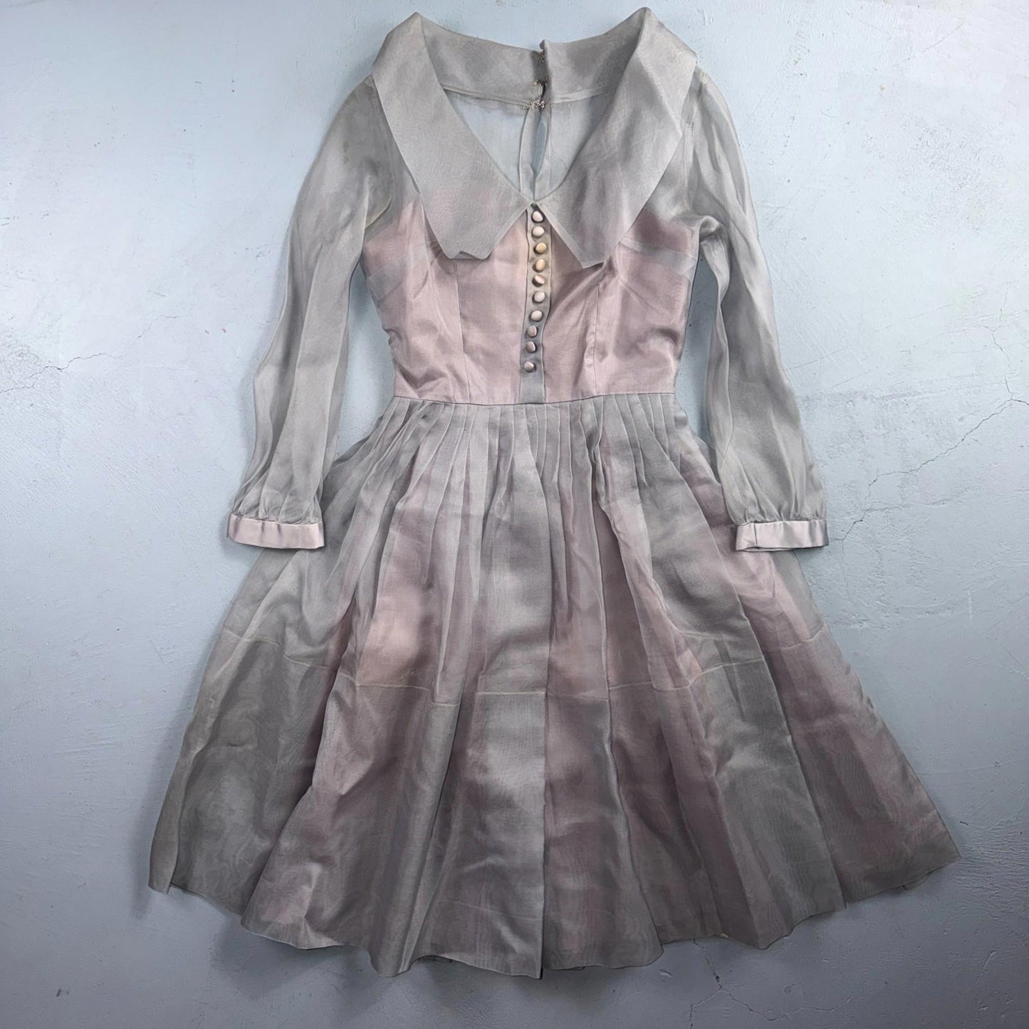 VTG 1950s Sheer Organza Dress Mauve Gray Full Skirt Union Made Party 50s Belted