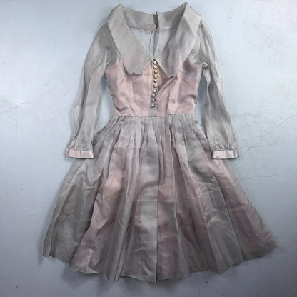 VTG 1950s Sheer Organza Dress Mauve Gray Full Skirt Union Made Party 50s Belted