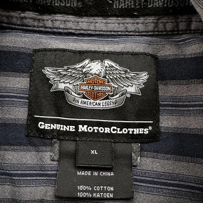 Harley Davidson Shirt Button Up XL Short Sleeve VTG Embroidery Striped Blue