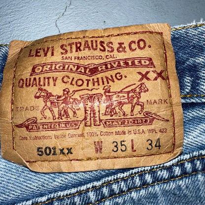 Levis 501 Vintage 90s USA XX Straight Leg Jeans Blue Light Wash 35x34 Act 33x30