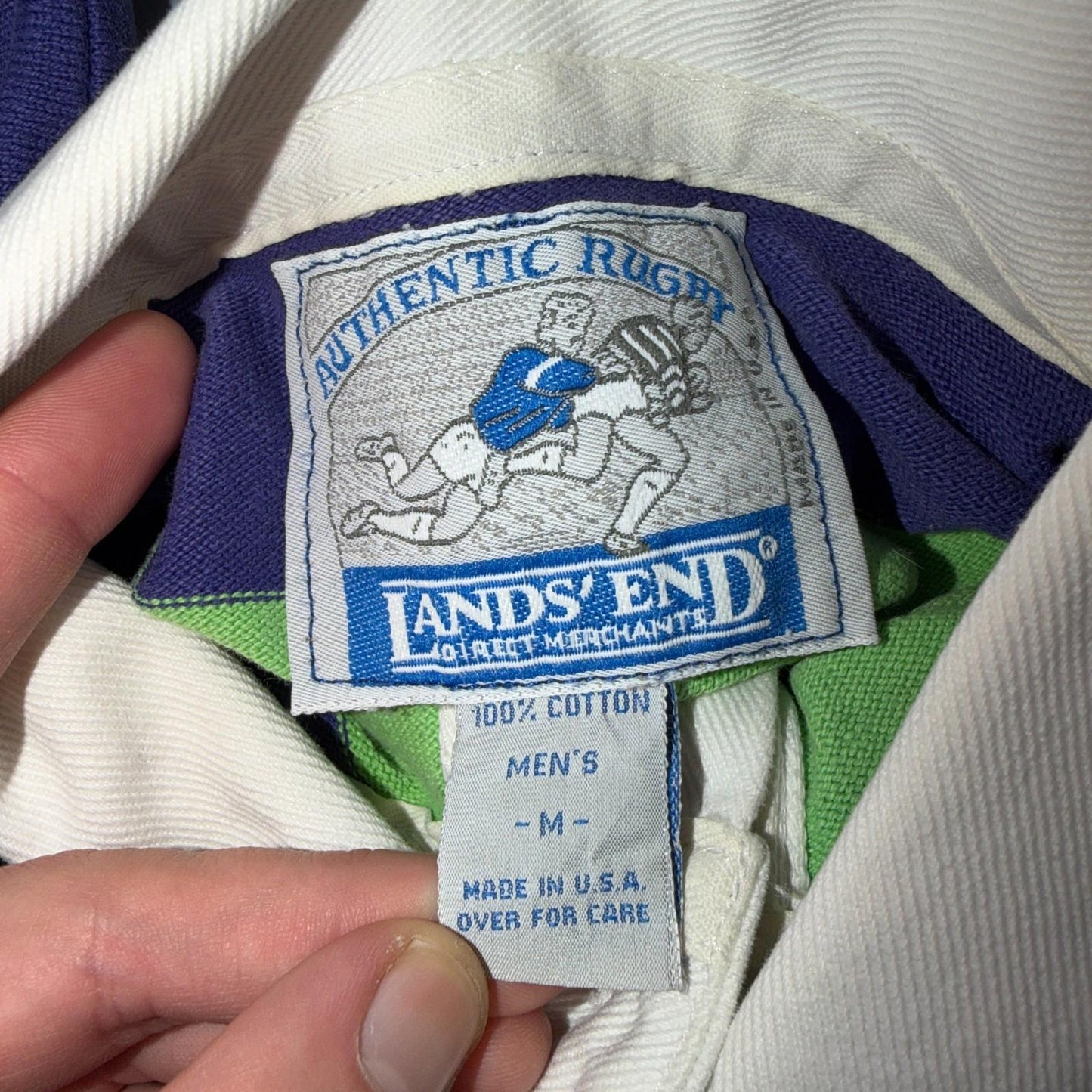 VTG Lands End Rugby Shirt Mens M Heavy Cotton Polo 80s 90s USA Stripe Blue Green