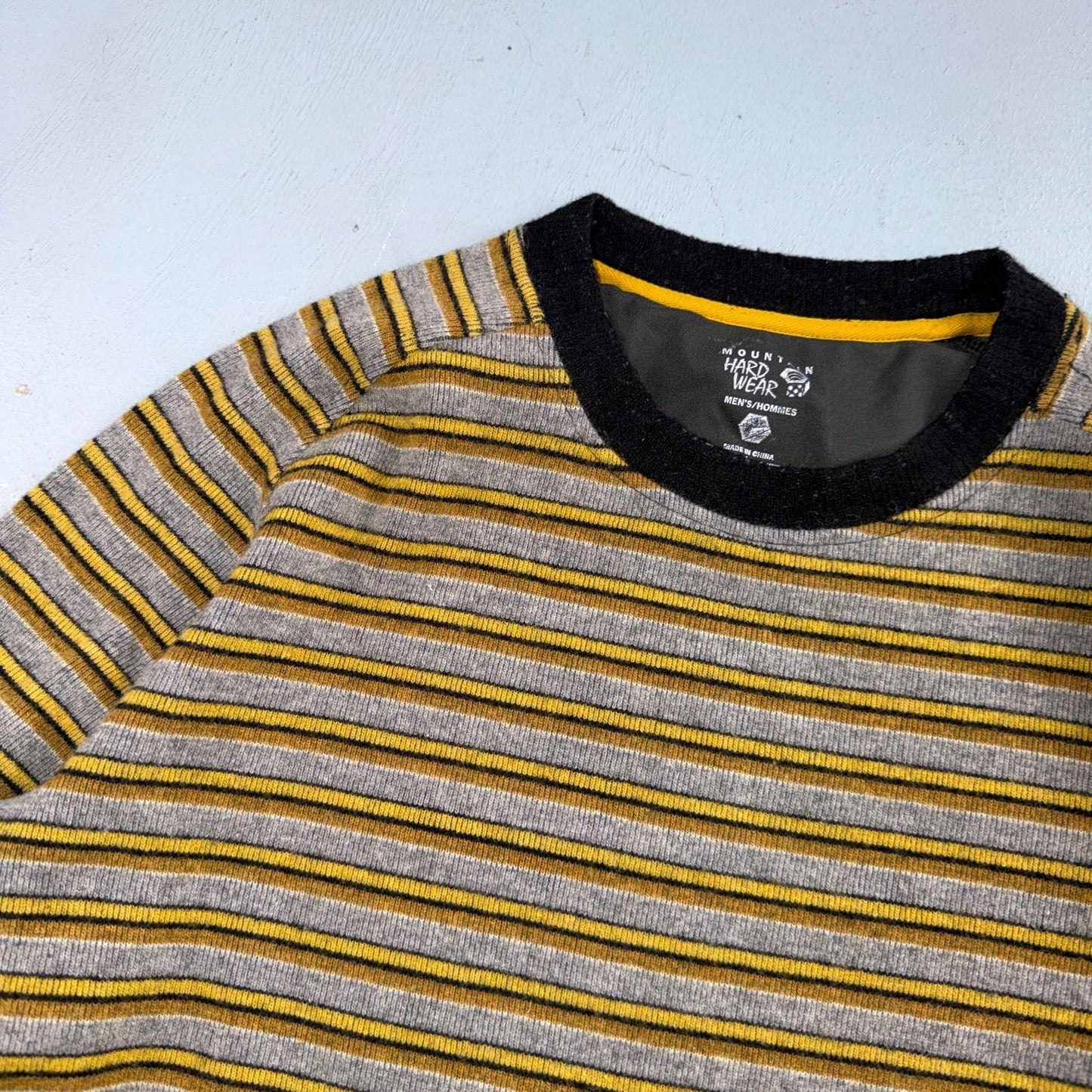 Mountain HardWear Sweater Mens Gray Yellow Striped Crewneck Wool Outdoor