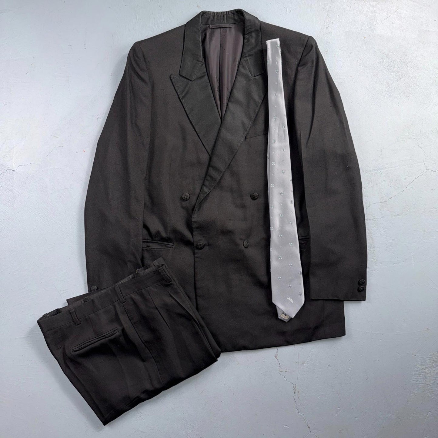 VTG 2Pc ABLA Italy Double Breasted Jacket 42 Silk Black Tux Lapel Fits Tuexedo