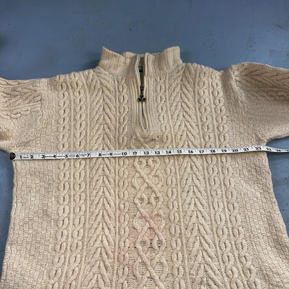 Aran Crafts Ireland Ivory Merino Wool Cable Knit Fisherman Sweater XL 1/4 VTG