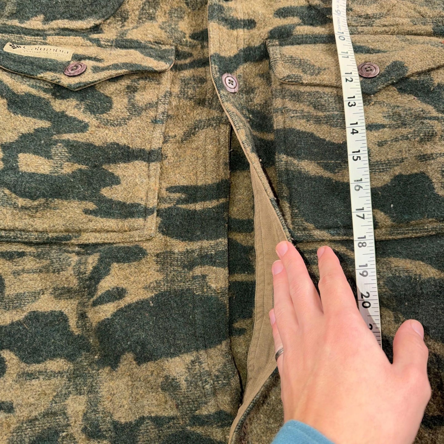 Columbia Gallatin Range Wool Blend Jacket Outfitter Brown Camo M Missing Buttons