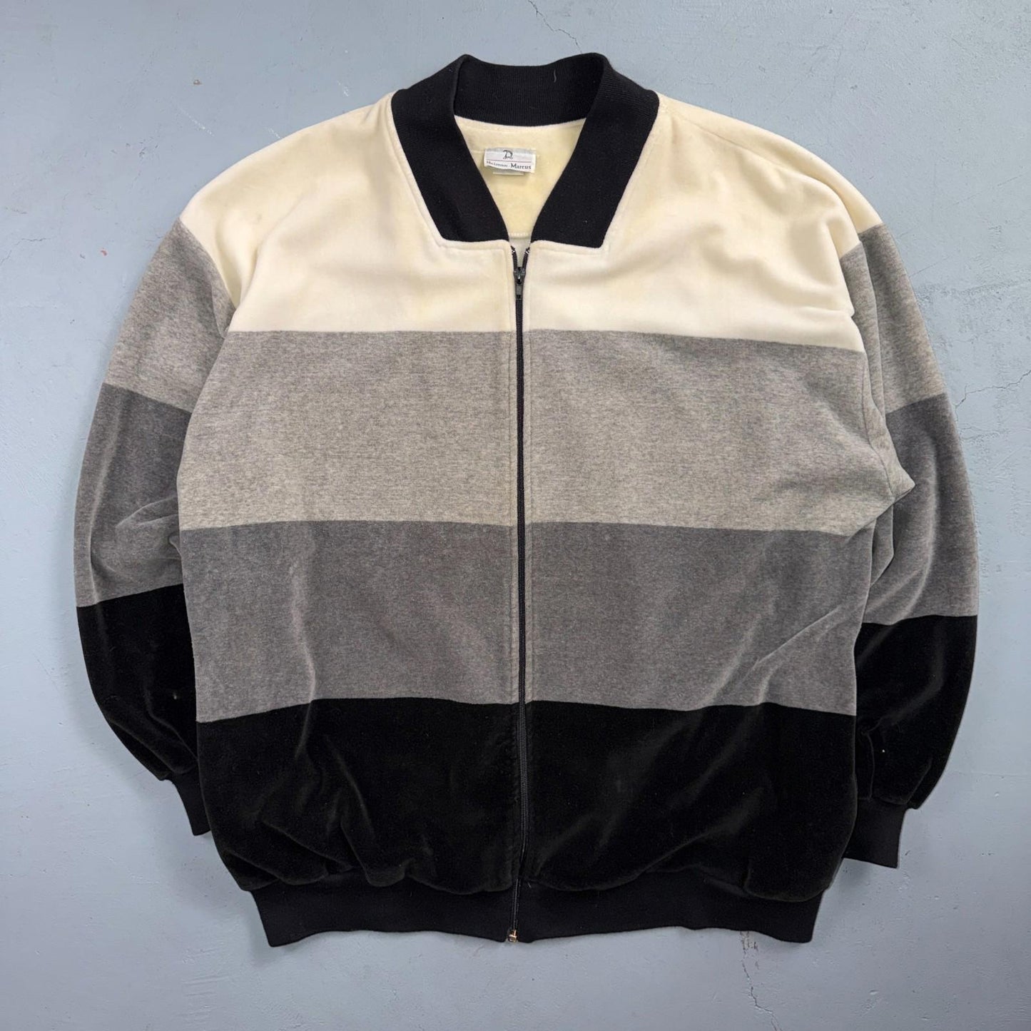 VTG Neiman Marcus Velour Track Jacket L Gray Zip USA 80s Loungewear Colorblock