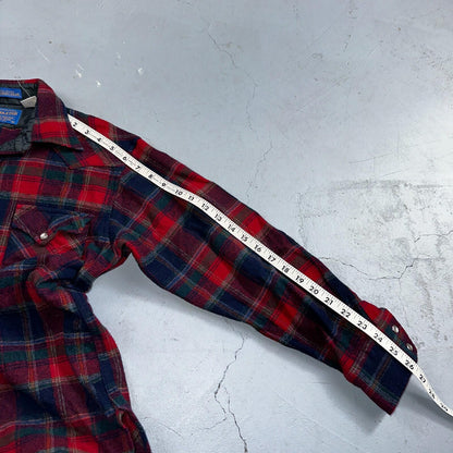 Pendleton VTG 100% Virgin Wool Western Plaid Shirt Pearl Snap Red High Grade