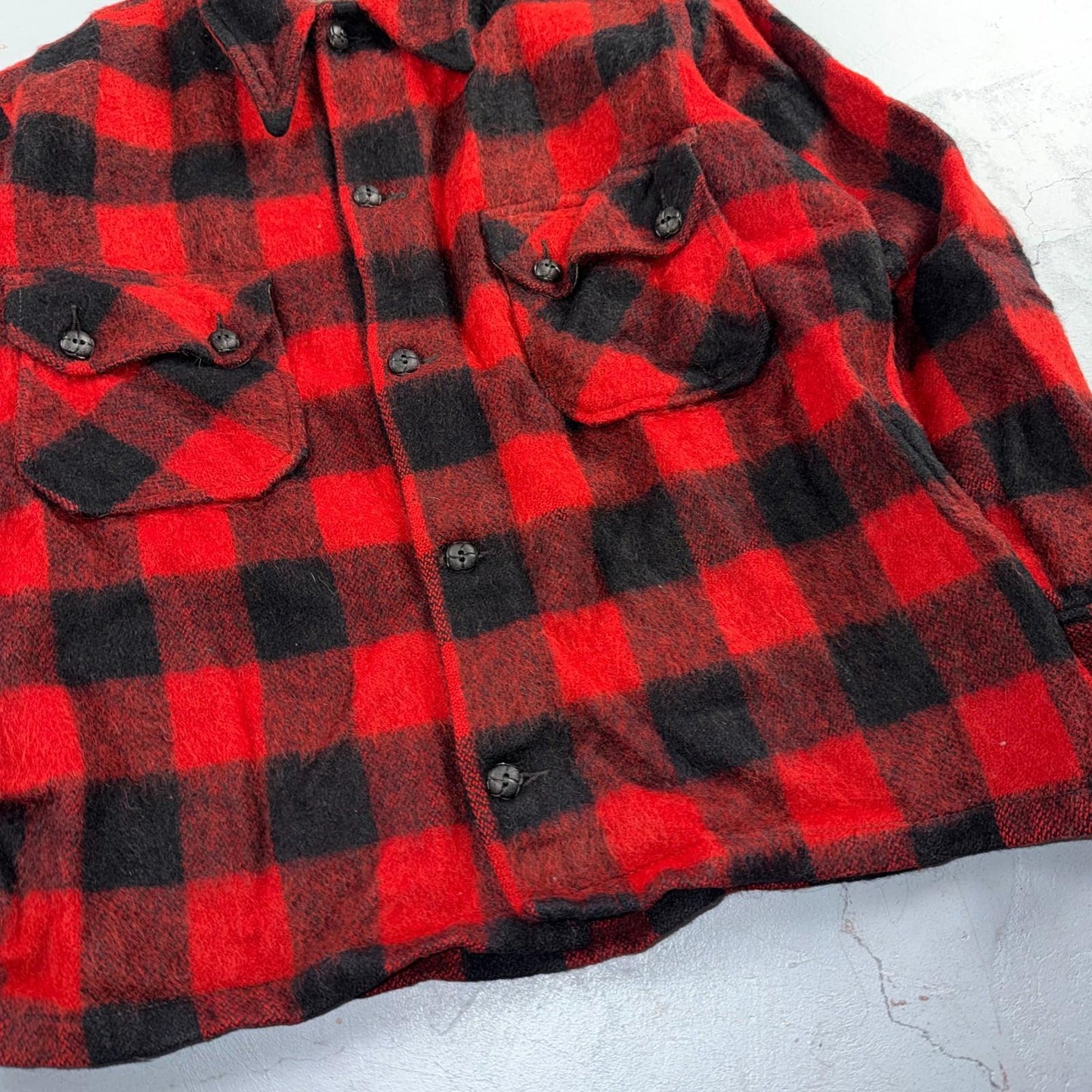 VTG 1950s Wool Buffalo Plaid Mackinaw Heavy Jacket Button Up Mohair Rockabilly