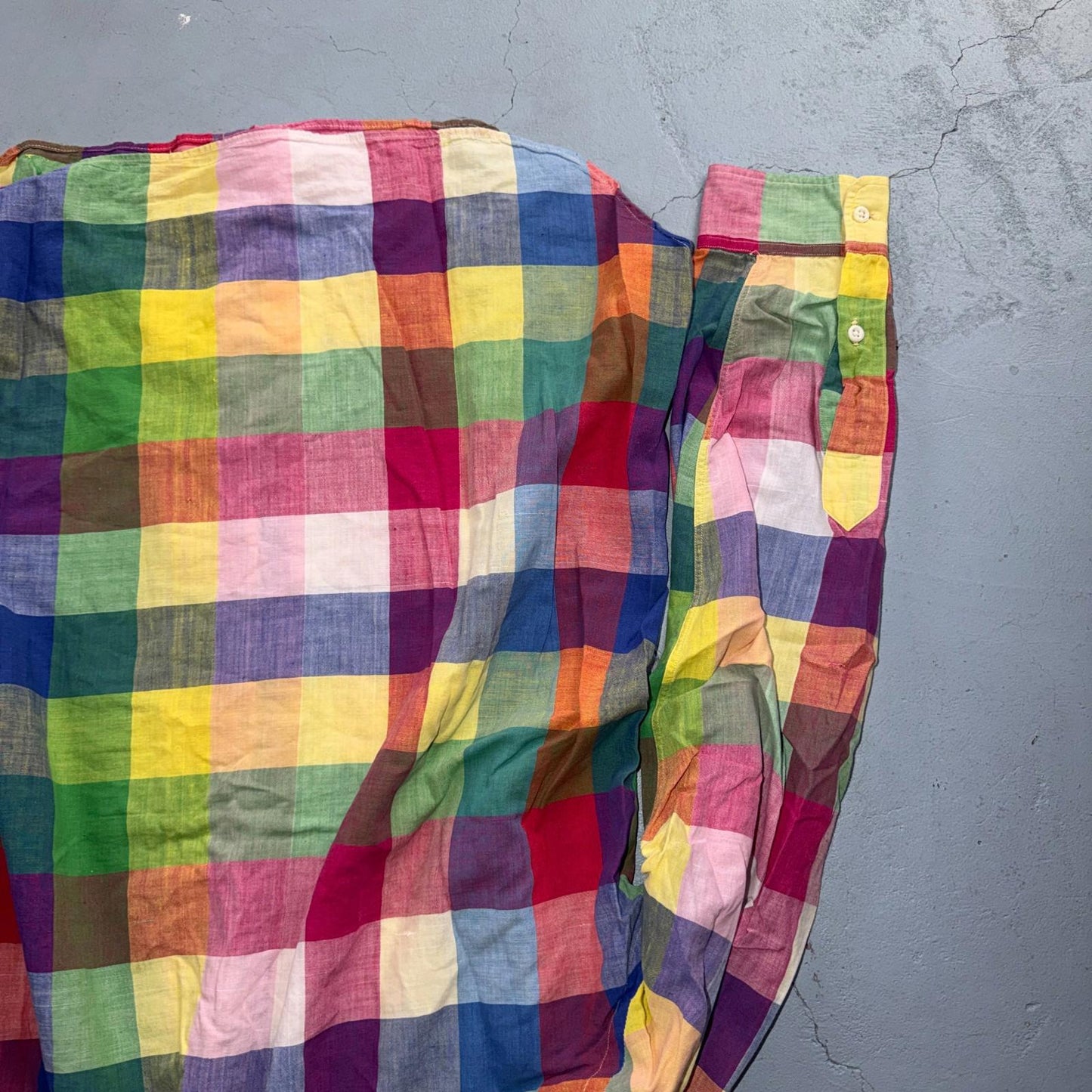 VTG Albert LTD Blue Yellow Button Up Long Sleeve Picnic Plaid Large USA Designer