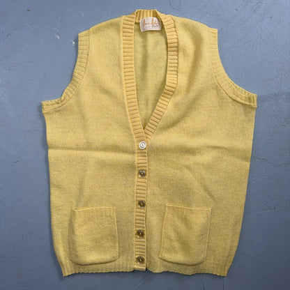 VTG 1960s 1970s Wool Caridgan Sweater Rockabilly Womens Mod Knit Yellow Vest