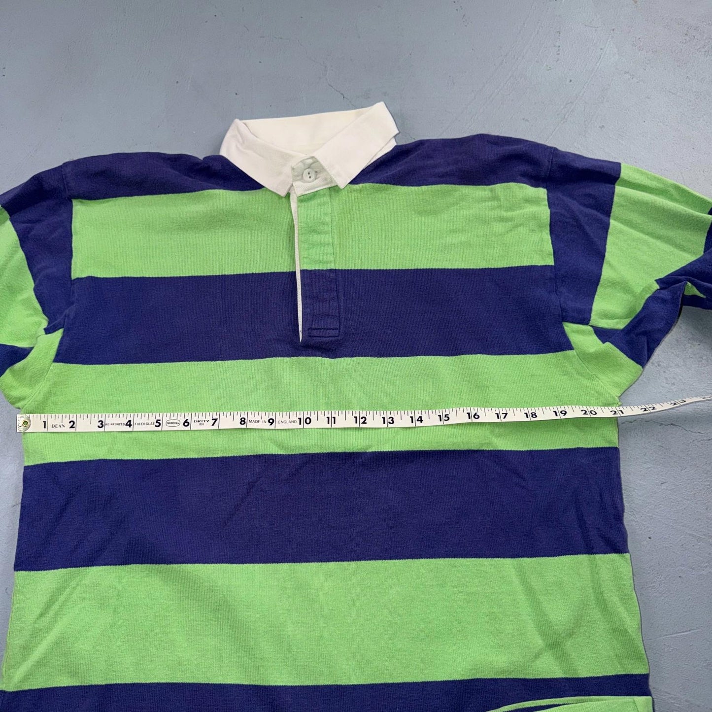 VTG Lands End Rugby Shirt Mens M Heavy Cotton Polo 80s 90s USA Stripe Blue Green