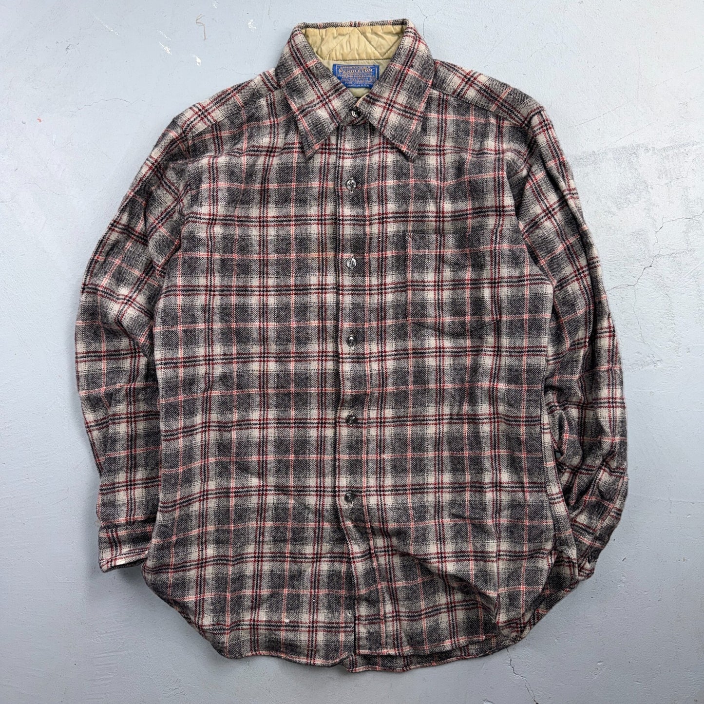 VTG 70s Pendleton Wool Flannel Shirt Jacket Gray Red Plaid USA Made M Rockabilly