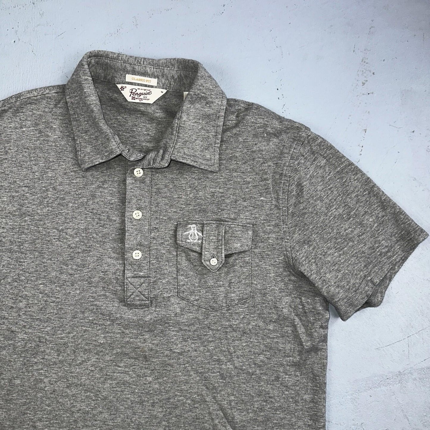 Penguin Polo Shirt Mens M Gray Short Sleeve Classic Fit Button Pocket
