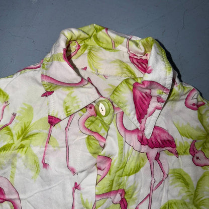 Womens Hawaiian Camp Bowling Lounge Button Up Shirt Flamingo Palm Trees