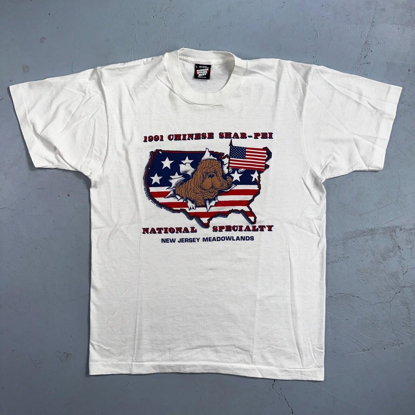 Chinese Shar Pei USA VTG T Shirt 1991 New Jersey Flag Animals Love Cute Dog