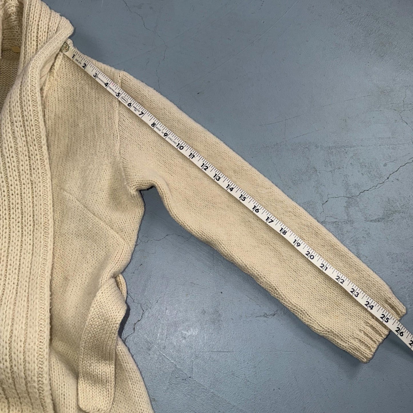 VTG 70s 80s Ribbed Knit Cardigan Open Belted Pockets Beige S/M Boho Chic