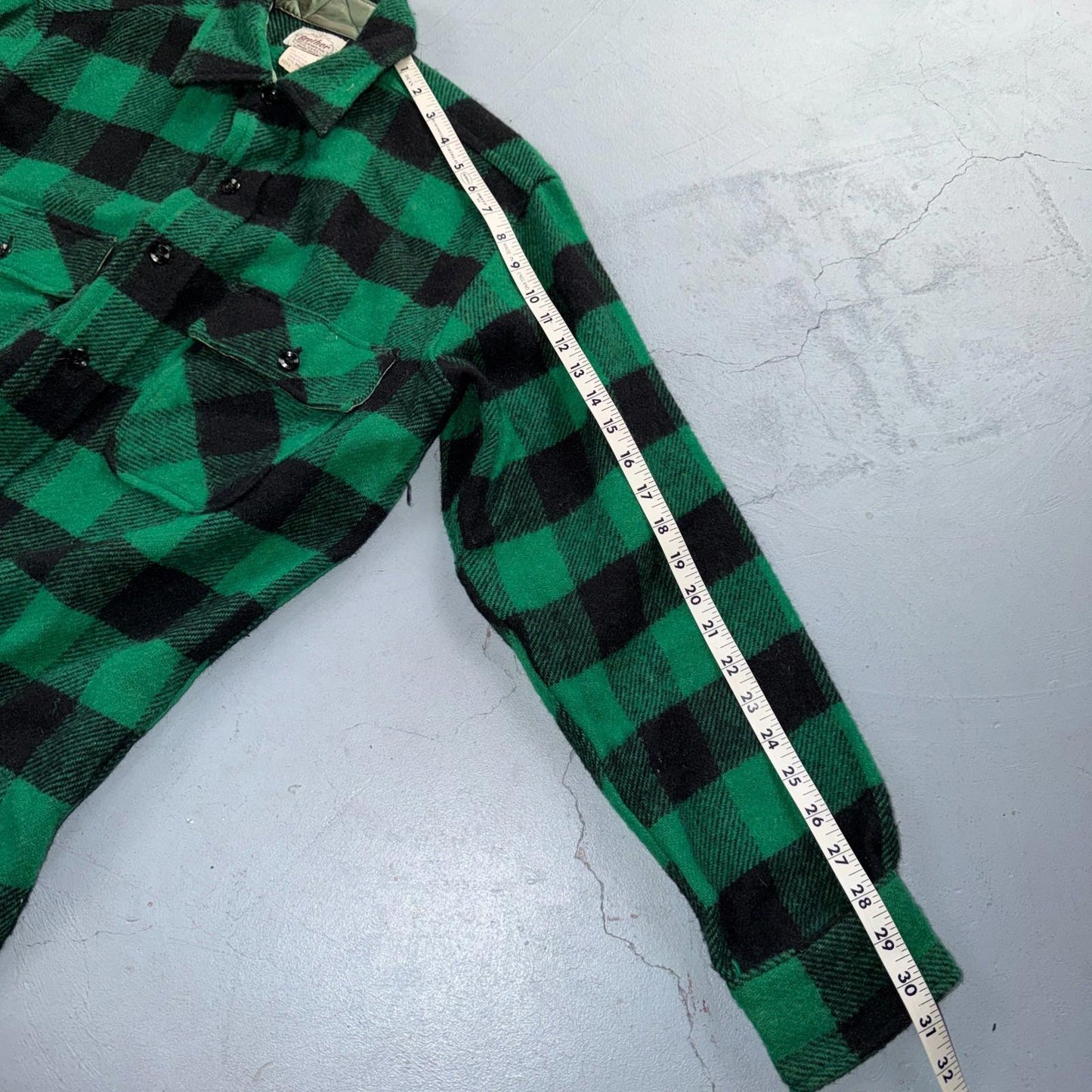Vintage 1950s Five Brother Green Wool Buffalo Plaid Button Down Shirt Rockabilly